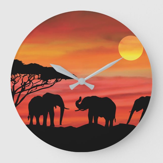 Elephant in the Serengeti Sunset Large Clock (Front)