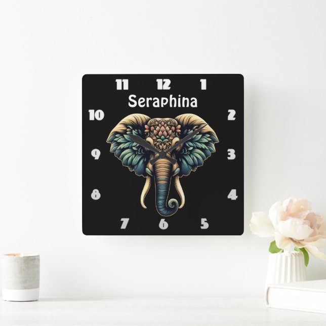Elephant in vibrant flowers and leaves square wall clock (Home)