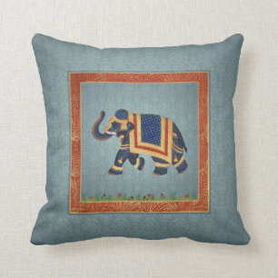 Elephant indian blue grey red gold print Pillow