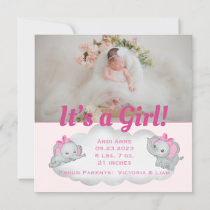 Elephant It’s a Girl Pink Photo Birth Announcement