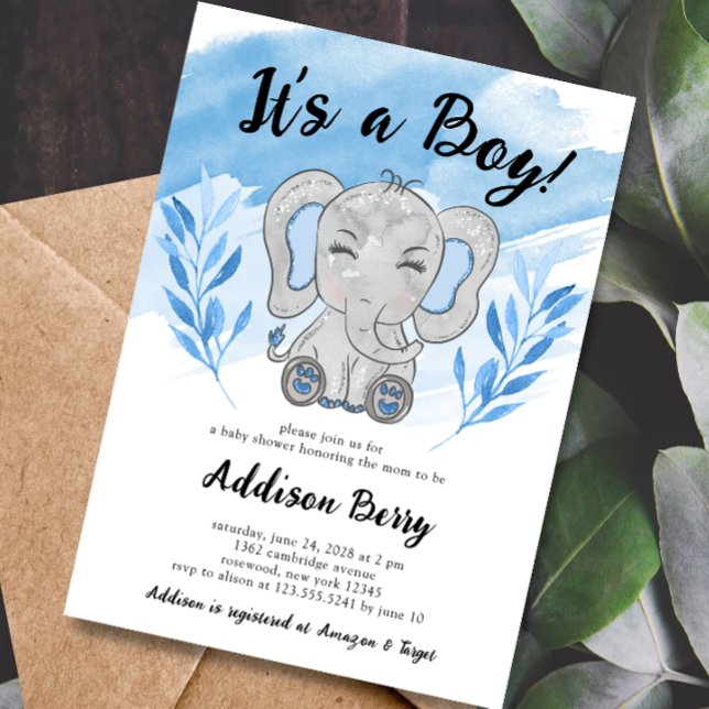 Elephant It's a Boy Blue Baby Shower Invitation (Creator Uploaded)