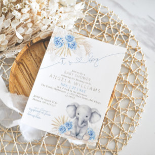 Elephant It's a Boy Safari Boho Floral Baby Shower Invitation