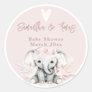 Elephant it's a girl Boho Floral Pink Baby Shower Classic Round Sticker