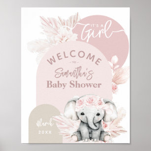 Elephant it's a girl Boho Floral Pink Baby Shower Poster