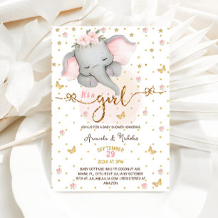 Elephant It's a girl Soft Pink Boho Baby Shower Invitation