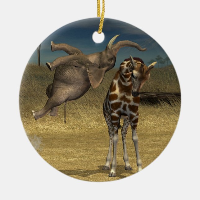 Elephant Jumps Over Giraffe Ceramic Ornament (Front)