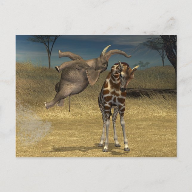 Elephant Jumps Over Giraffe Postcard (Front)