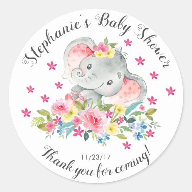 Elephant Jungle Animals Baby Girl Shower Favour Classic Round Sticker (Front)