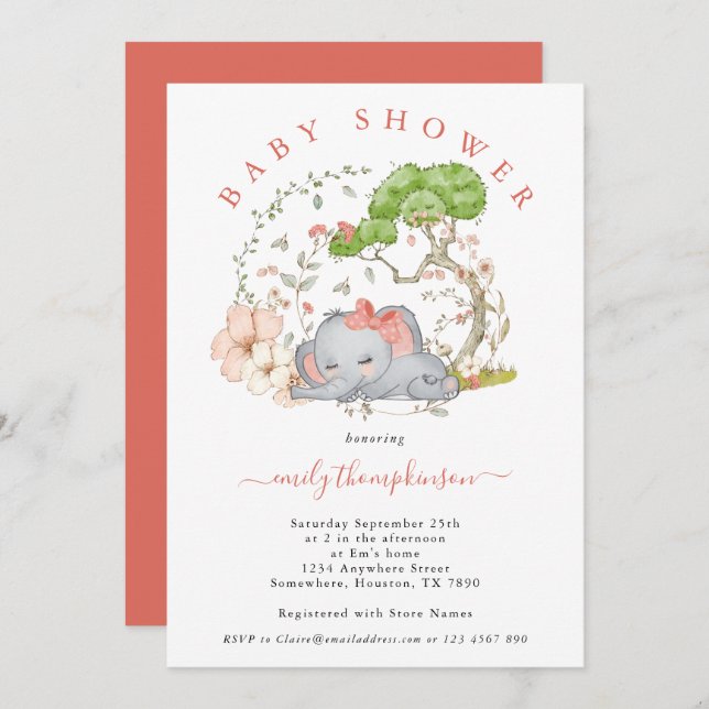 Elephant Jungle Foliage Coral Girl Baby Shower Inv Invitation (Front/Back)