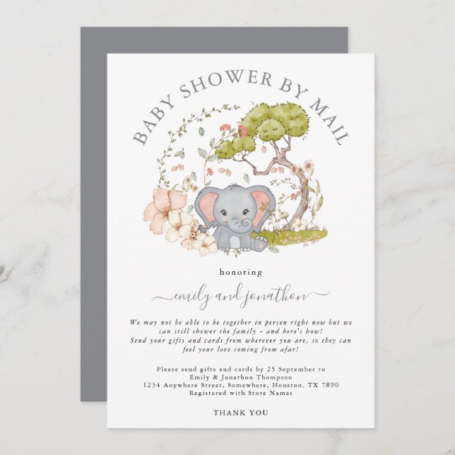 Elephant Jungle Foliage Grey Baby Shower by Mail Invitation (Front/Back)