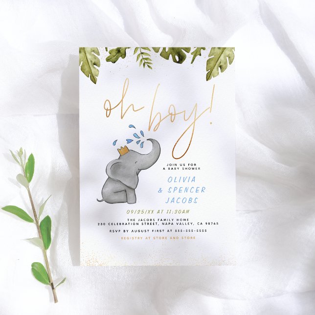 Elephant & Jungle Greenery Gold Oh Boy Baby Shower Invitation (Creator Uploaded)