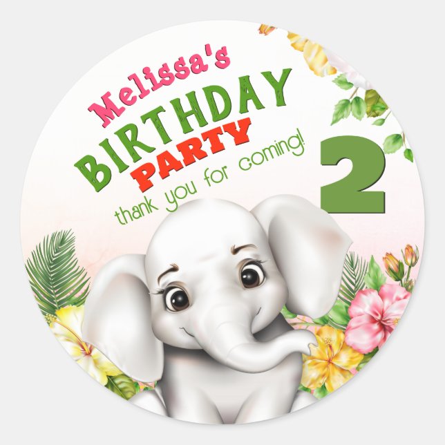 Elephant Jungle Safari Birthday Classic Round Sticker (Front)