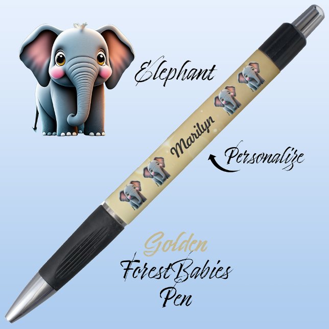 Elephant, Jungle Safari Woodland Animal Golden 🐘 (Cute Whimsical Elephant  Jungle Safari Animal Cartoon Graphic Gold Customizable ForestBabies Pen 🐘)