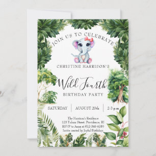 Elephant Jungle Wild Fourth Girl 4th Birthday Invitation