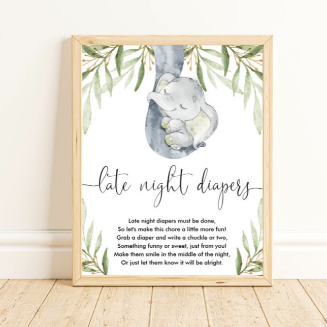 Elephant late night diapers baby shower game poster (Creator Uploaded)