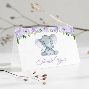 Elephant, Lilac Watercolor Flowers, First Birthday Thank You Card
