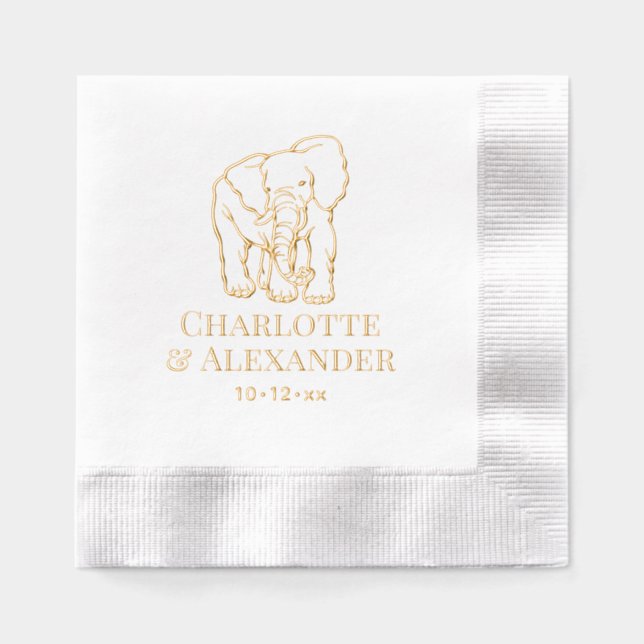 Elephant Line Art Wedding Couple Names Date Foil Napkins (Front)