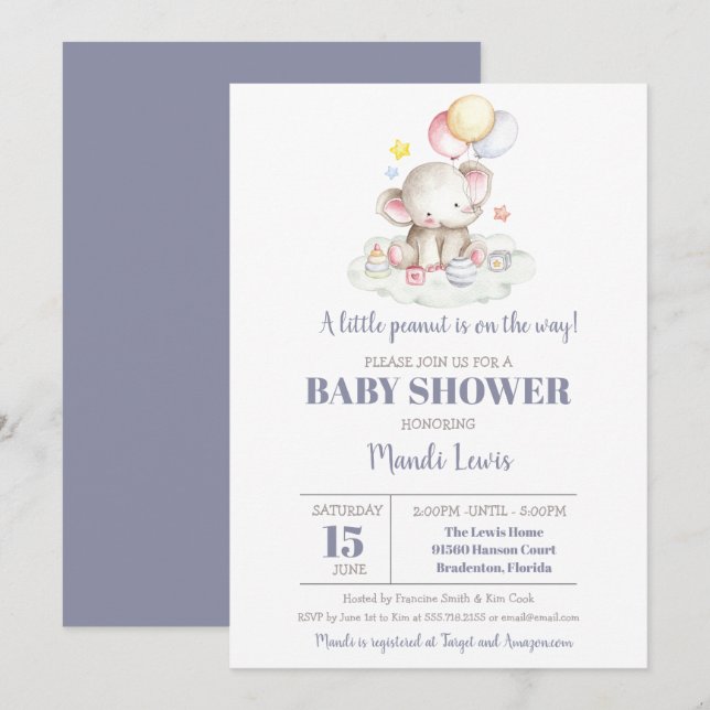 Elephant Little Peanut Boy Baby Shower Invitation (Front/Back)
