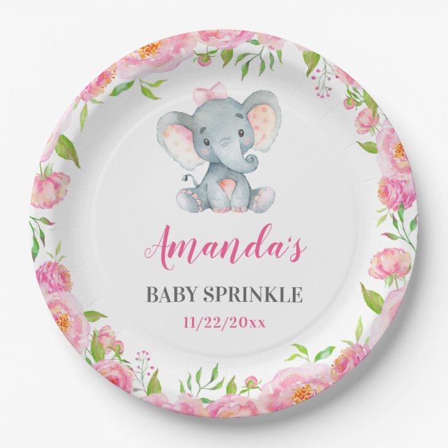 Elephant Little Peanut Girl Baby Shower Sprinkle Paper Plate (Front)