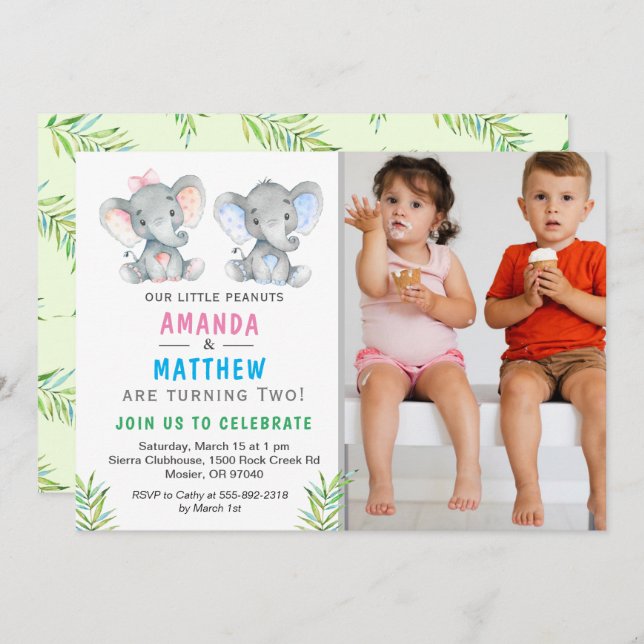 Elephant Little Peanut Twin Boy Girl Birthday Invitation (Front/Back)