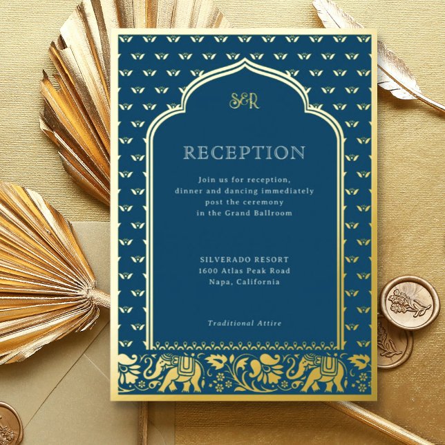 Elephant & Lotus Flower Indian Wedding Reception (Blue Indian wedding invitation with elephant and lotus flower motif, hindu wedding invitation card)