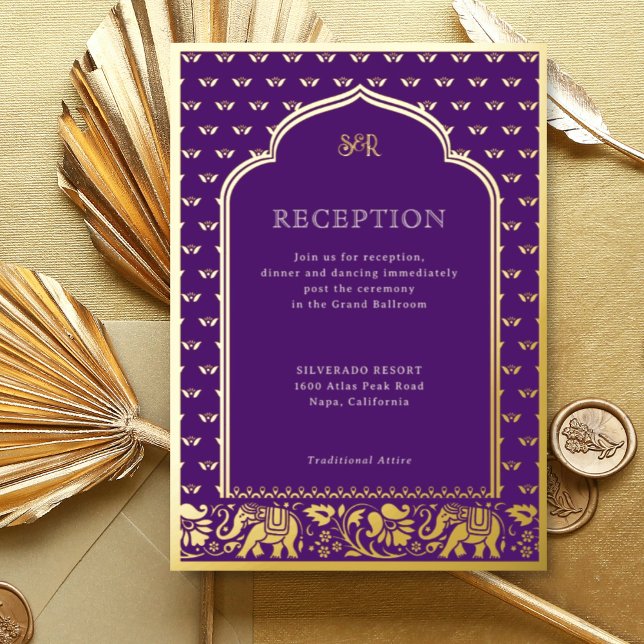 Elephant & Lotus Flower Indian Wedding Reception (Purple Indian wedding invitation with elephant and lotus flower motif, hindu wedding invitation card)