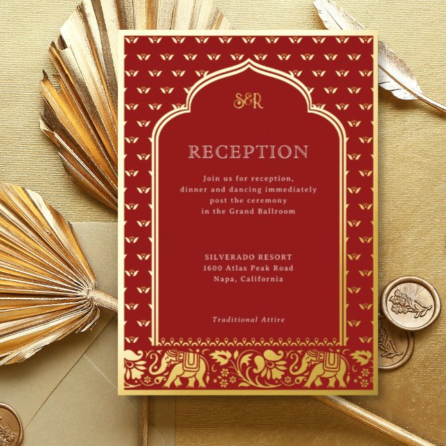 Elephant & Lotus Flower Indian Wedding Reception (Red Indian wedding invitation with elephant and lotus flower motif, hindu wedding invitation card)