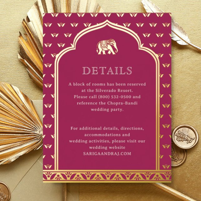Elephant & Lotus Wedding Details Information Card (Pink Indian wedding invitation hotel information details enclosure card Lotus flower hindu wedding)