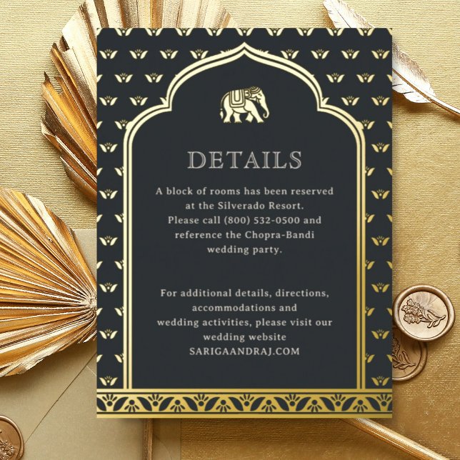 Elephant & Lotus Wedding Details Information Card (Black Indian wedding invitation hotel information details enclosure card Lotus flower hindu wedding)