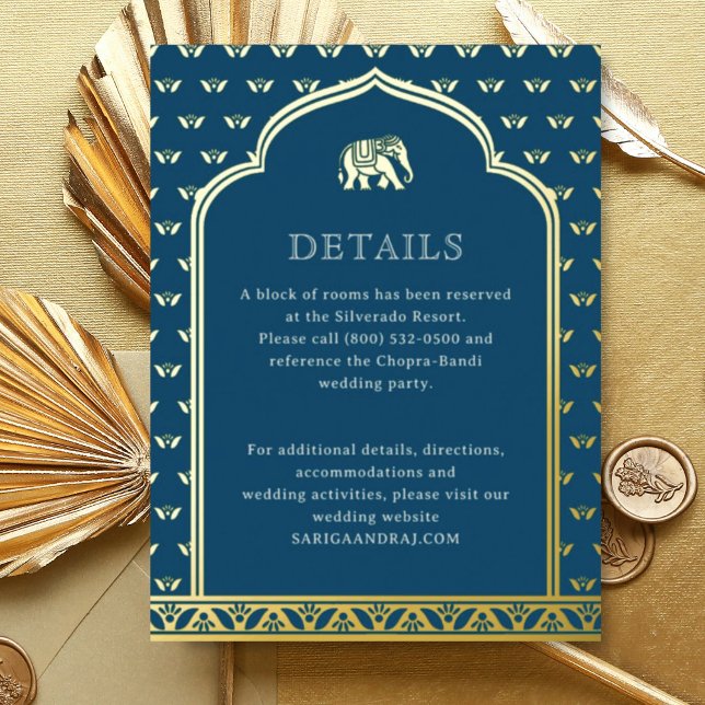 Elephant & Lotus Wedding Details Information Card (Blue Indian wedding invitation hotel information details enclosure card, Lotus flower hindu wedding)