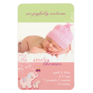 Elephant LOVE Baby Girl Photo Birth Announcement Magnet