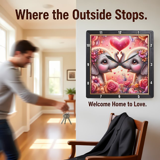 Elephant Love Heart Pink Square Wall Clock (Creator Uploaded)