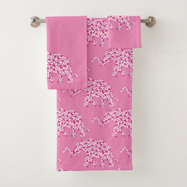 Elephant made up of Pink Hearts Bath Towel Set (Insitu)