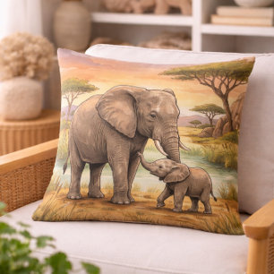 Elephant Mama And Calf Safari Animals  Cushion