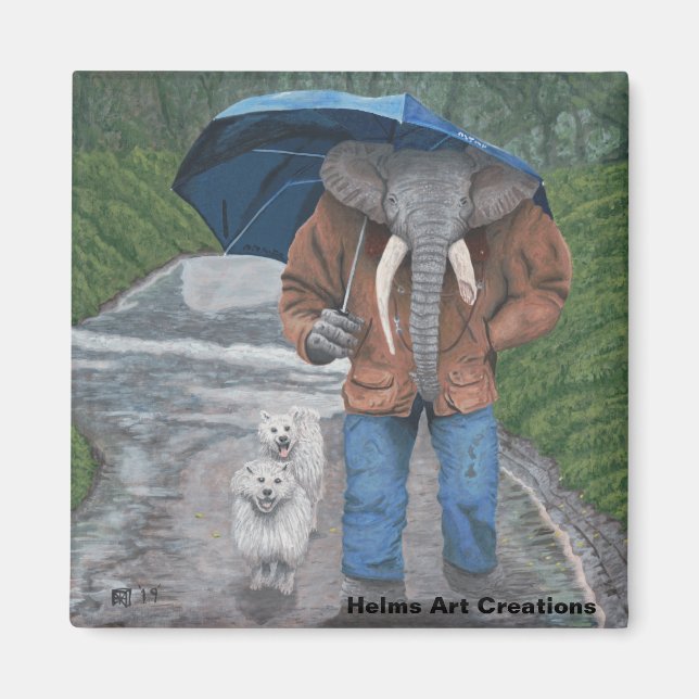 Elephant Man Dog Walking Fantasy Art Button Magnet (Front)