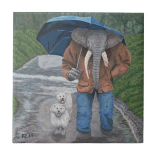 Elephant Man Walking Dogs Fantasy Art Ceramic Tile