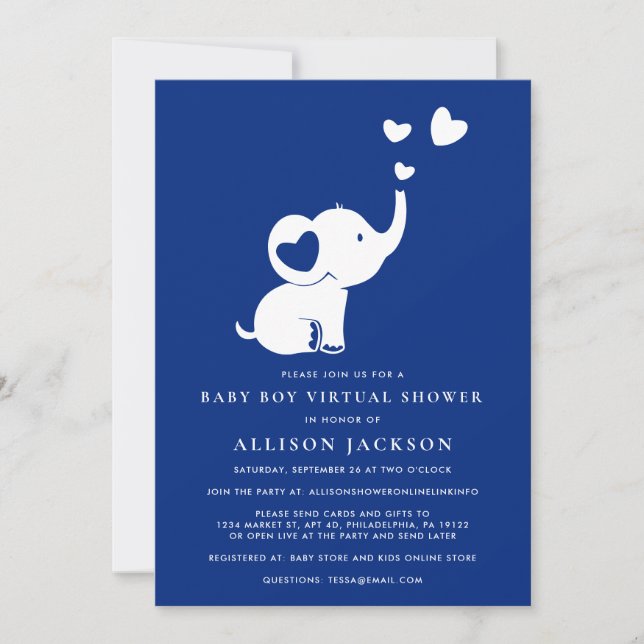 Elephant Minimal Baby Boy Virtual Shower Navy Blue Invitation (Front)