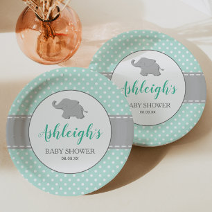 Elephant Mint Green Grey Polka Dot Baby Shower Paper Plate