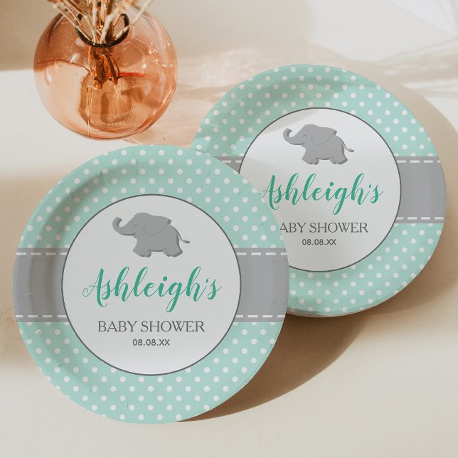 Elephant Mint Green Grey Polka Dot Baby Shower Paper Plate (Creator Uploaded)