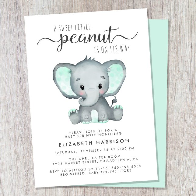 Elephant Mint Green Watercolor Baby Sprinkle Invitation (Cute gender-neutral baby sprinkle invitation)