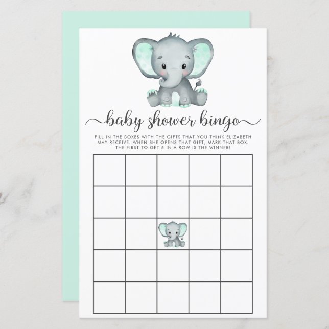 Elephant Mint Watercolor Baby Bingo Shower Game (Front/Back)