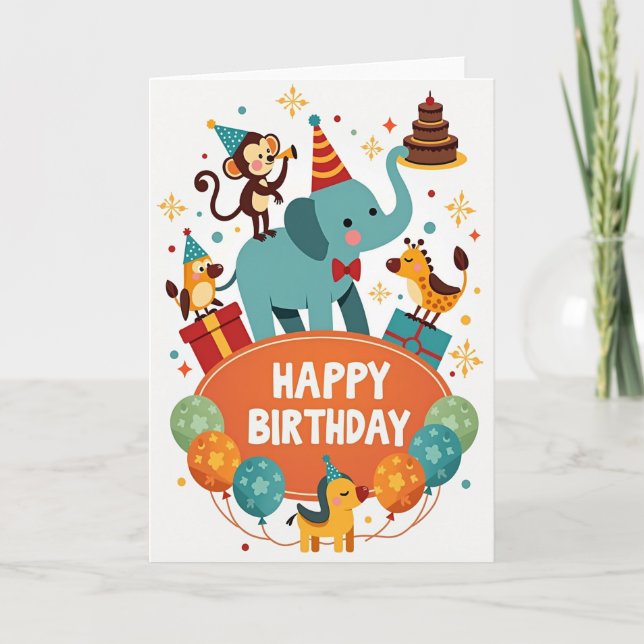 Elephant Monkey Birthday Card (Front)