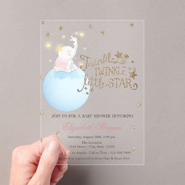Elephant,Moon,Glitter Stars Striped Baby Shower Acrylic Invitations (Insitu (Handheld))