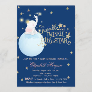Elephant,Moon,Glitter StarsNavy Blue  Baby Shower Invitation