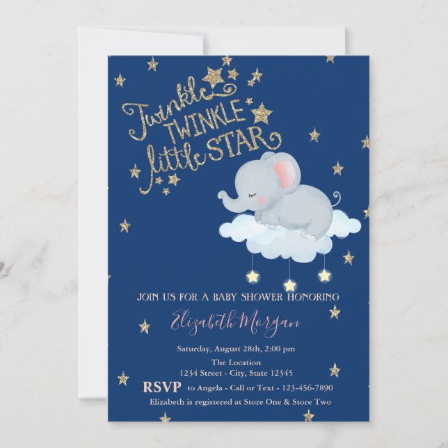 Elephant,Moon,Glitter StarsTwinkle Baby Shower Invitation (Front)