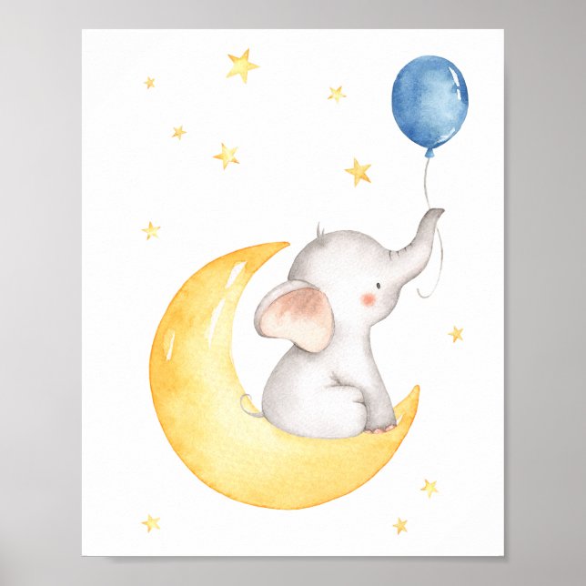 Elephant Moon Stars Balloon Lovely Nursery Poster (Front)