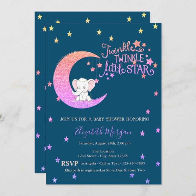 Elephant,Moon,Stars Twinkle Little Baby Shower  Invitation (Front/Back)