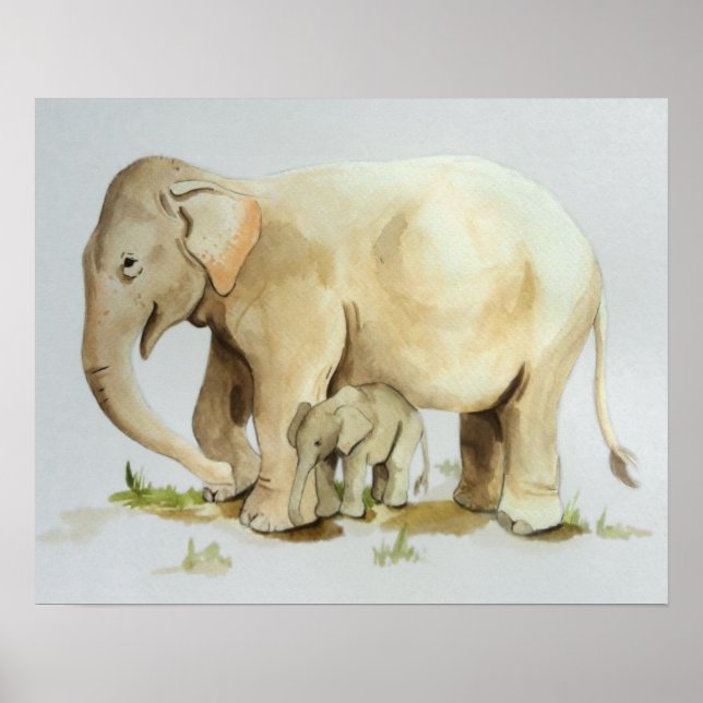 Elephant Mother and Baby Watercolor Print 20x16 (Front)