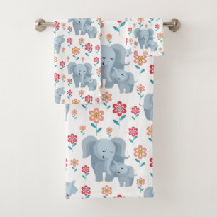 Elephant mother, baby flowers pattern Mother's Day Bath Towel Set