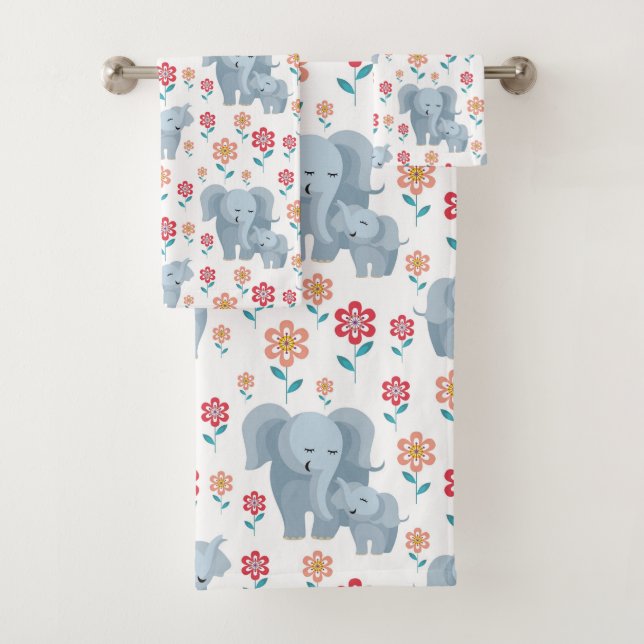 Elephant mother, baby flowers pattern Mother's Day Bath Towel Set (Insitu)